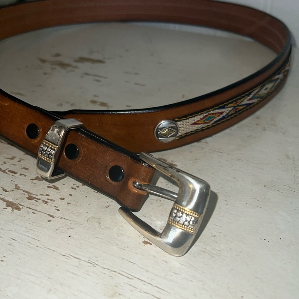 David Switzer Leather Belt Harvest Western Silver Gold Buckle Size 38